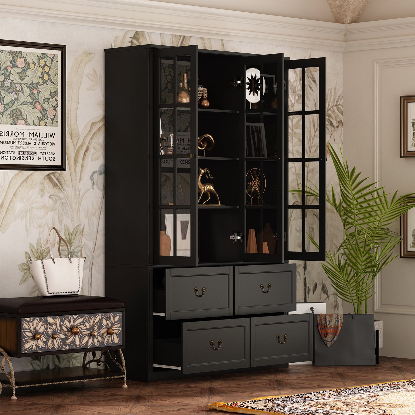 Grande bibliothèque vitrine avec étagères de rangement, 3 portes vitrées et 4 tiroirs avec poignées en métal