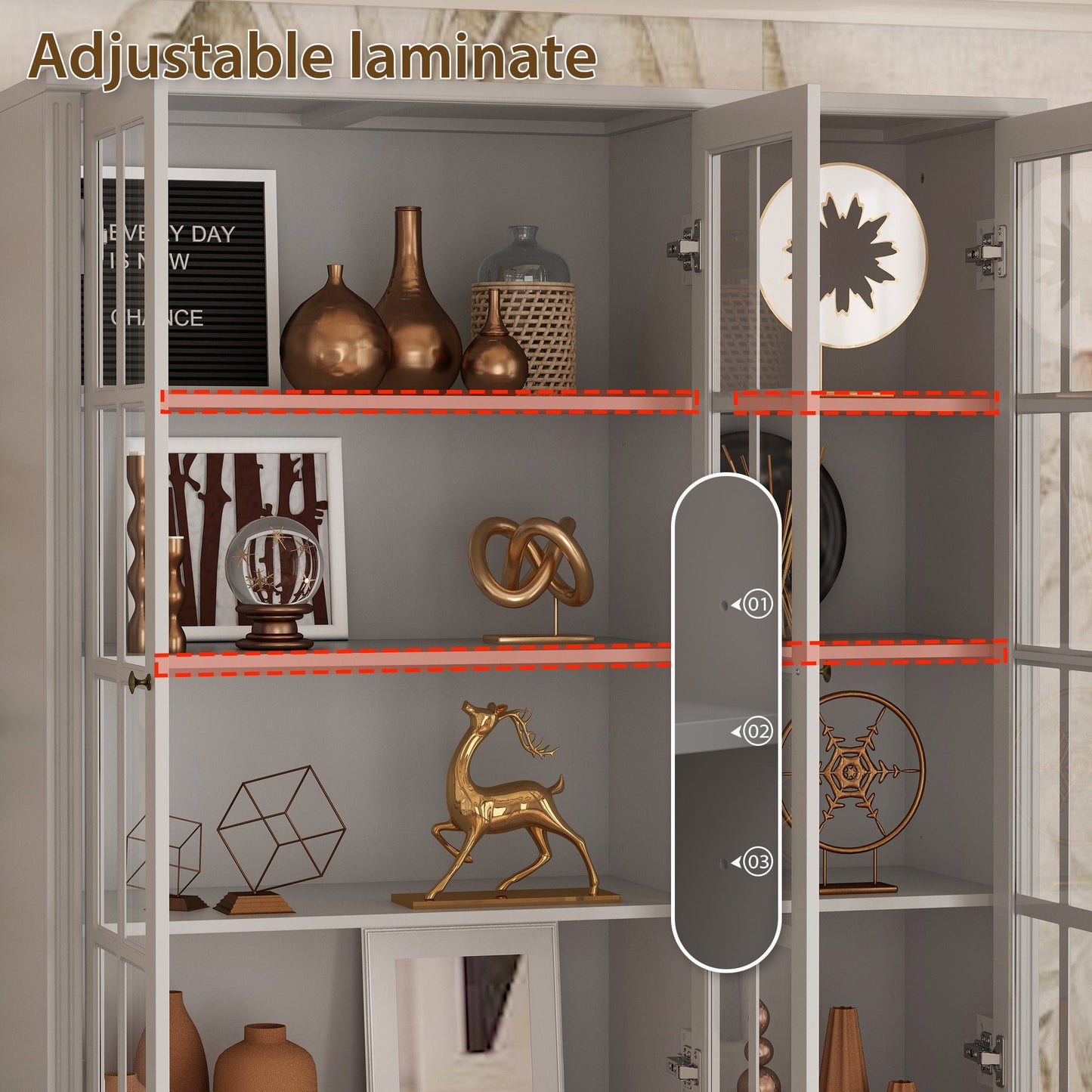 Grande bibliothèque vitrine avec étagères de rangement, 3 portes vitrées et 4 tiroirs avec poignées en métal