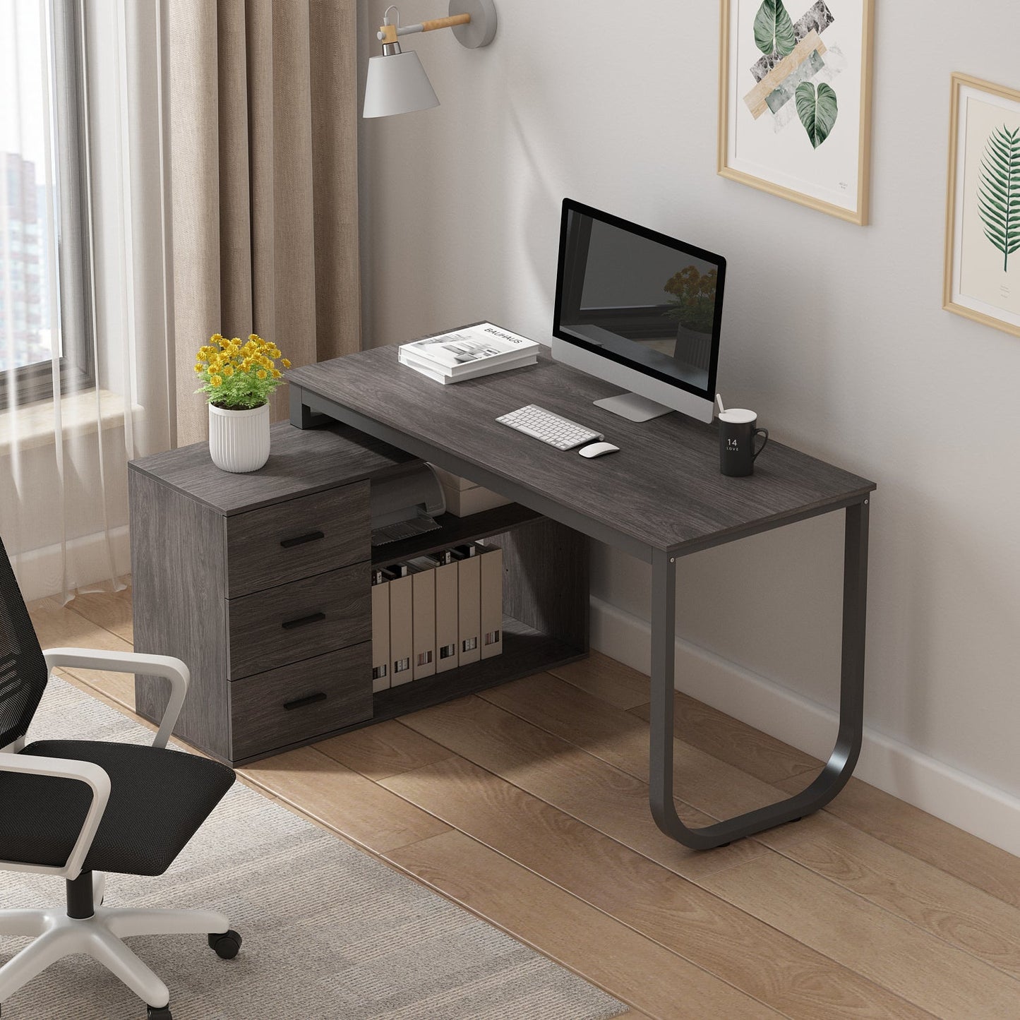 Bureau d'angle en L de 55 pouces avec étagères et tiroirs 