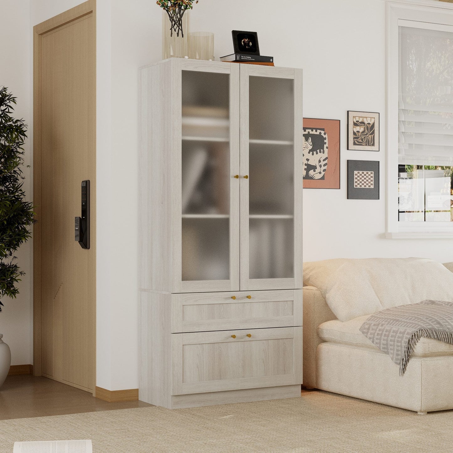 Bibliothèque modulaire à 4 tiroirs avec portes en verre dépoli, 71 po H x 126 po L