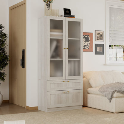 Bibliothèque modulaire à 4 tiroirs avec portes en verre dépoli, 71 po H x 126 po L