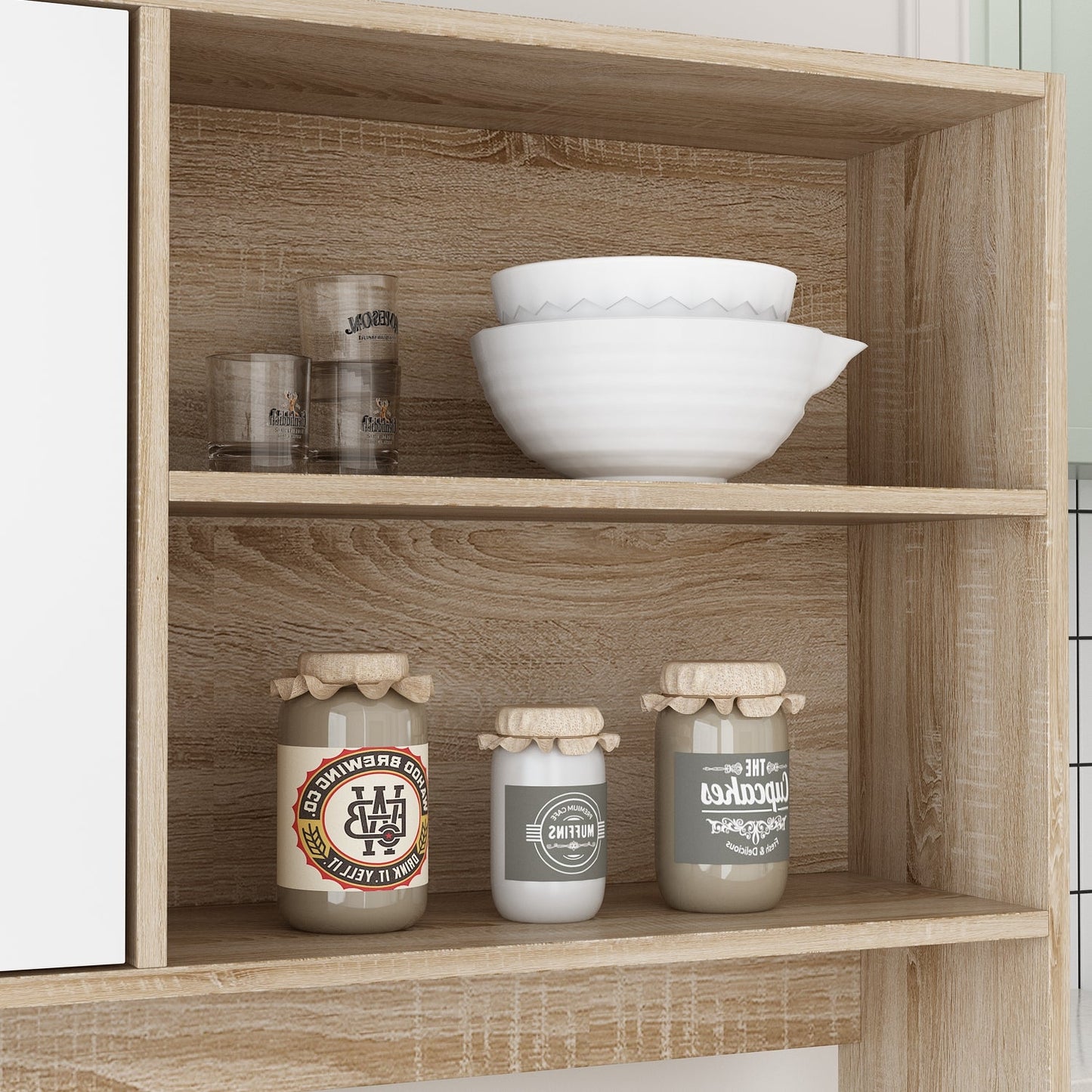 Grand placard de rangement de cuisine 63W avec étagère supérieure, 4 portes, 4 tiroirs et étagère pour micro-ondes 