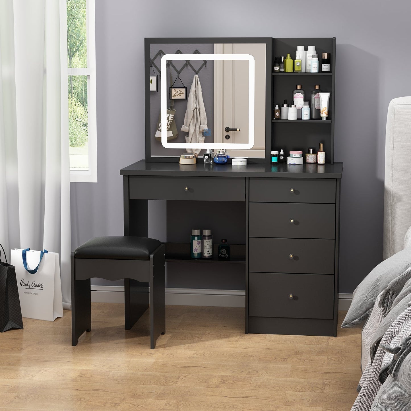 Ensemble coiffeuse avec miroir coulissant éclairé, tabouret rembourré, 5 tiroirs et étagères