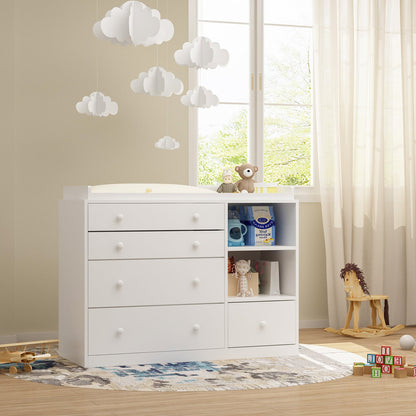 Commode de rangement pour chambre d'enfant avec table à langer, plateau spacieux, 5 tiroirs et 2 étagères 