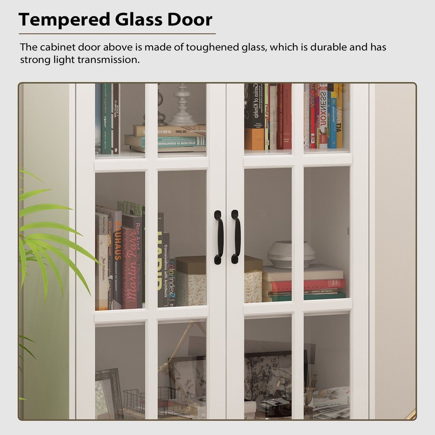 Vitrine d'angle avec étagère de rangement et bibliothèque, combinant 4 portes vitrées et 2 tiroirs