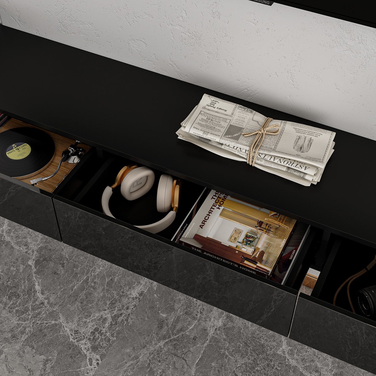 Meuble TV 2 pièces laqué brillant avec éclairage