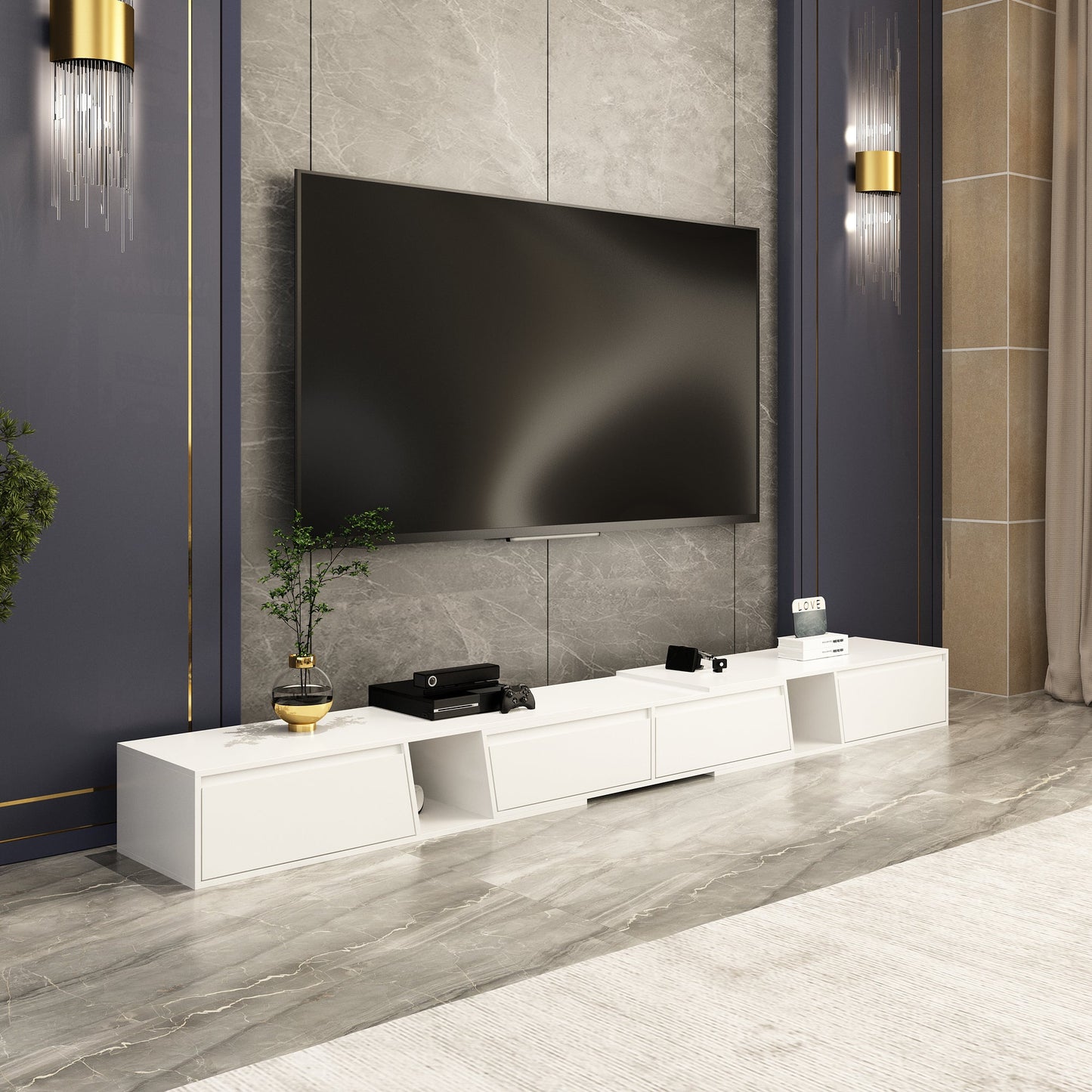 Console multimédia à 4 tiroirs de 94,5 pouces de large