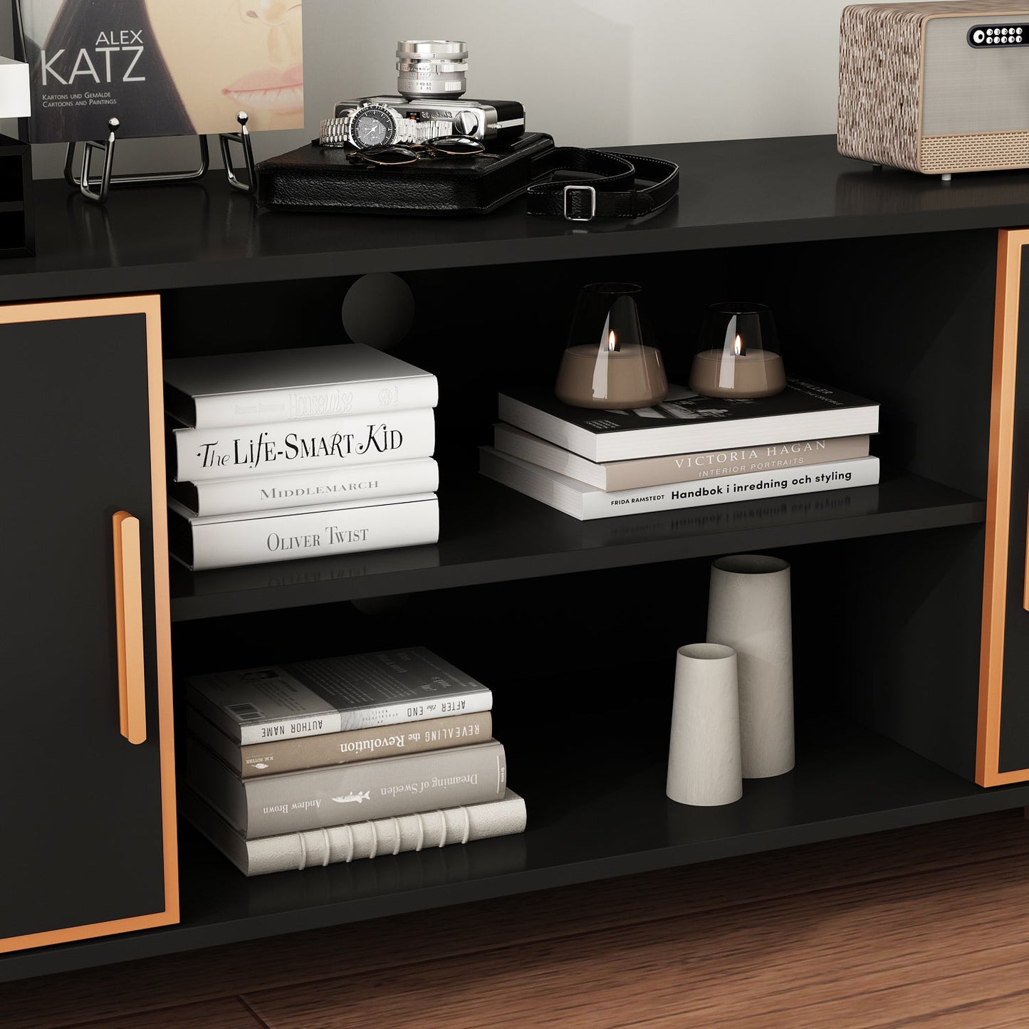 Meuble TV et centre multimédia à 2 portes de 70,9 pouces de large avec 2 étagères ouvertes