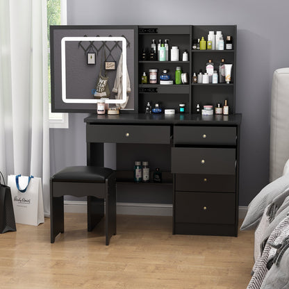 Ensemble coiffeuse avec miroir coulissant éclairé, tabouret rembourré, 5 tiroirs et étagères