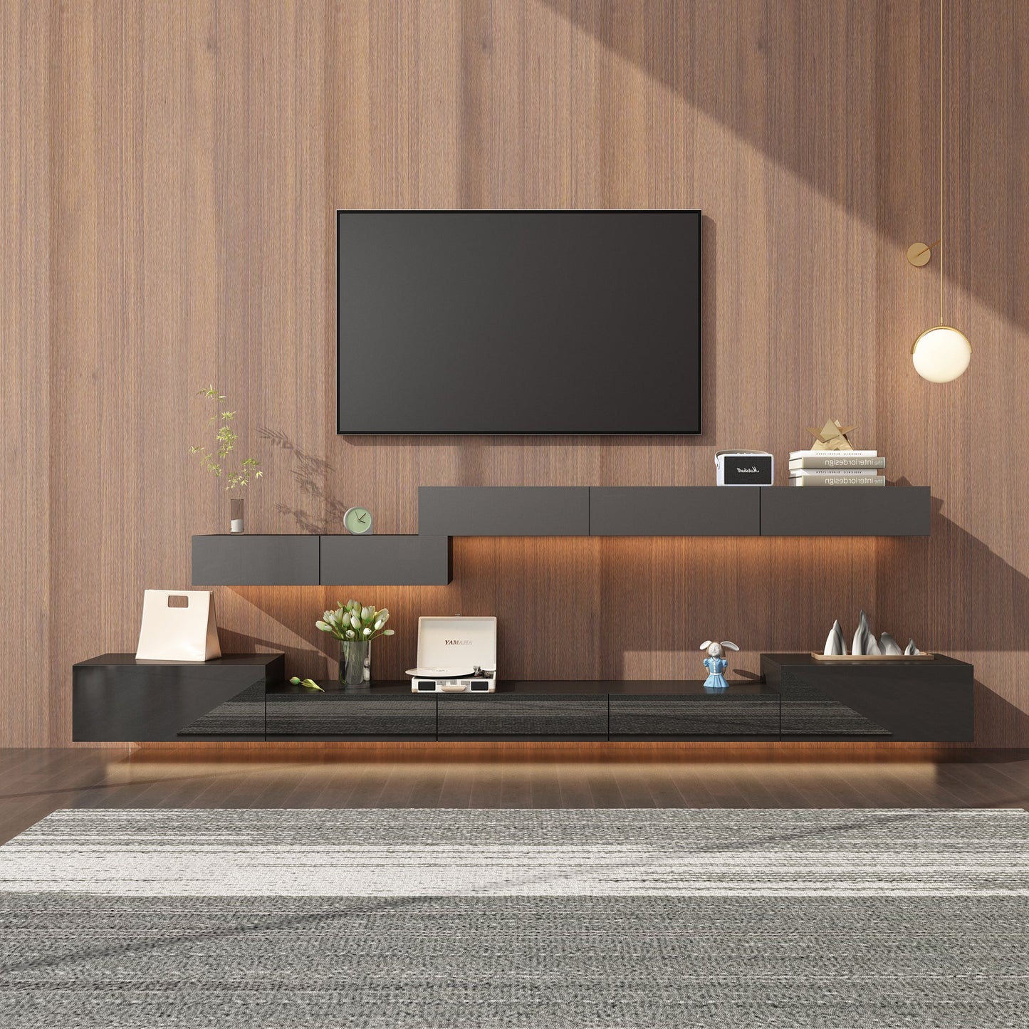 Meuble TV 2 pièces laqué brillant avec éclairage