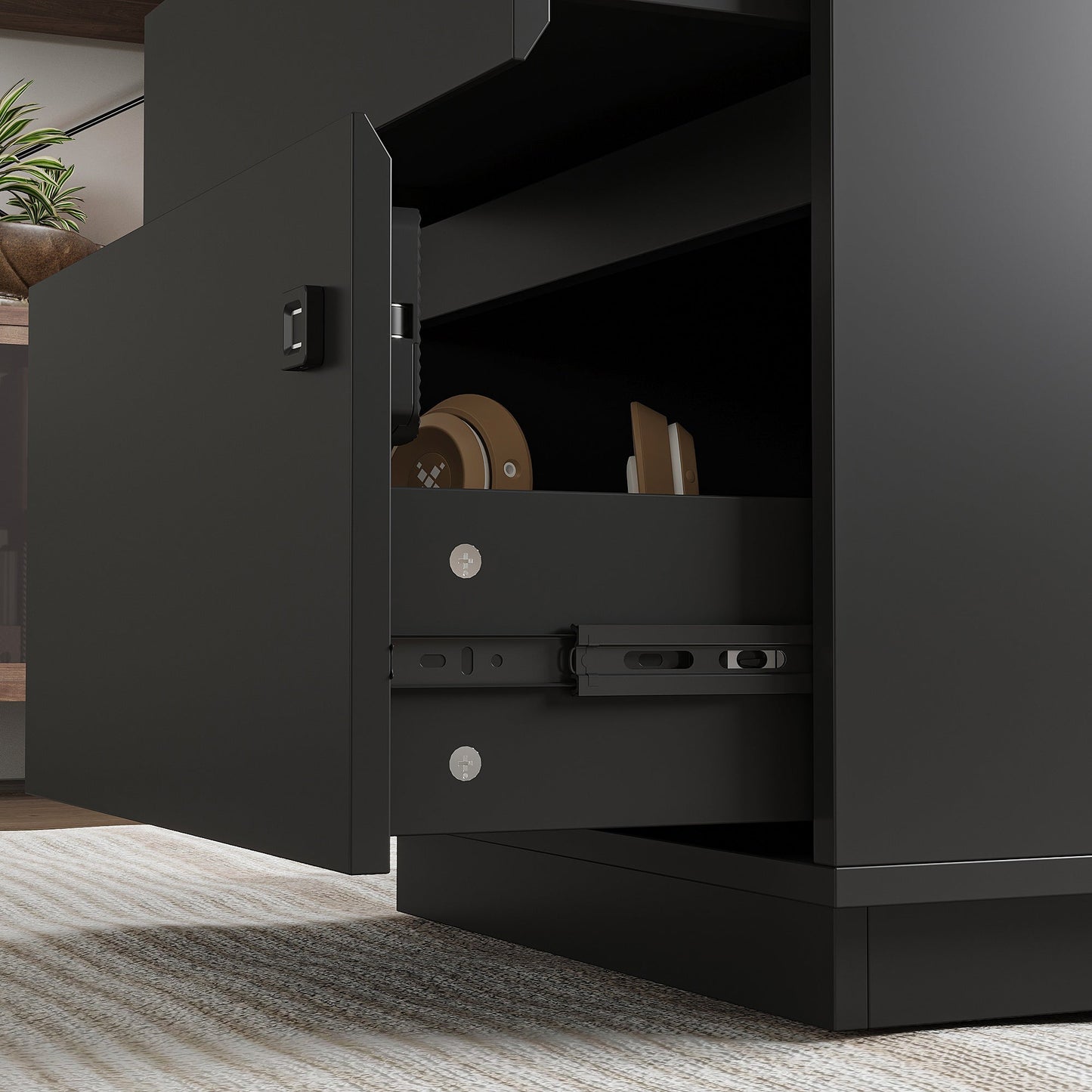 Bureau électrique moderne à hauteur réglable avec deux modules de rangement et un panneau perforé organisateur