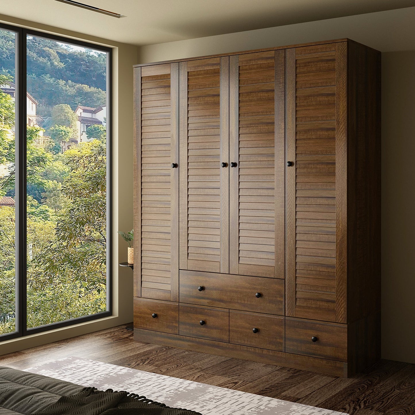 Grande armoire-penderie pour chambre à coucher, meuble de rangement à 4 portes et 5 tiroirs