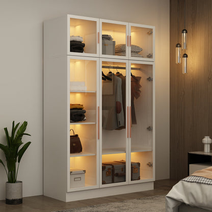 Grande armoire de chambre à coucher avec rangement pour vêtements, éclairage LED et portes vitrées