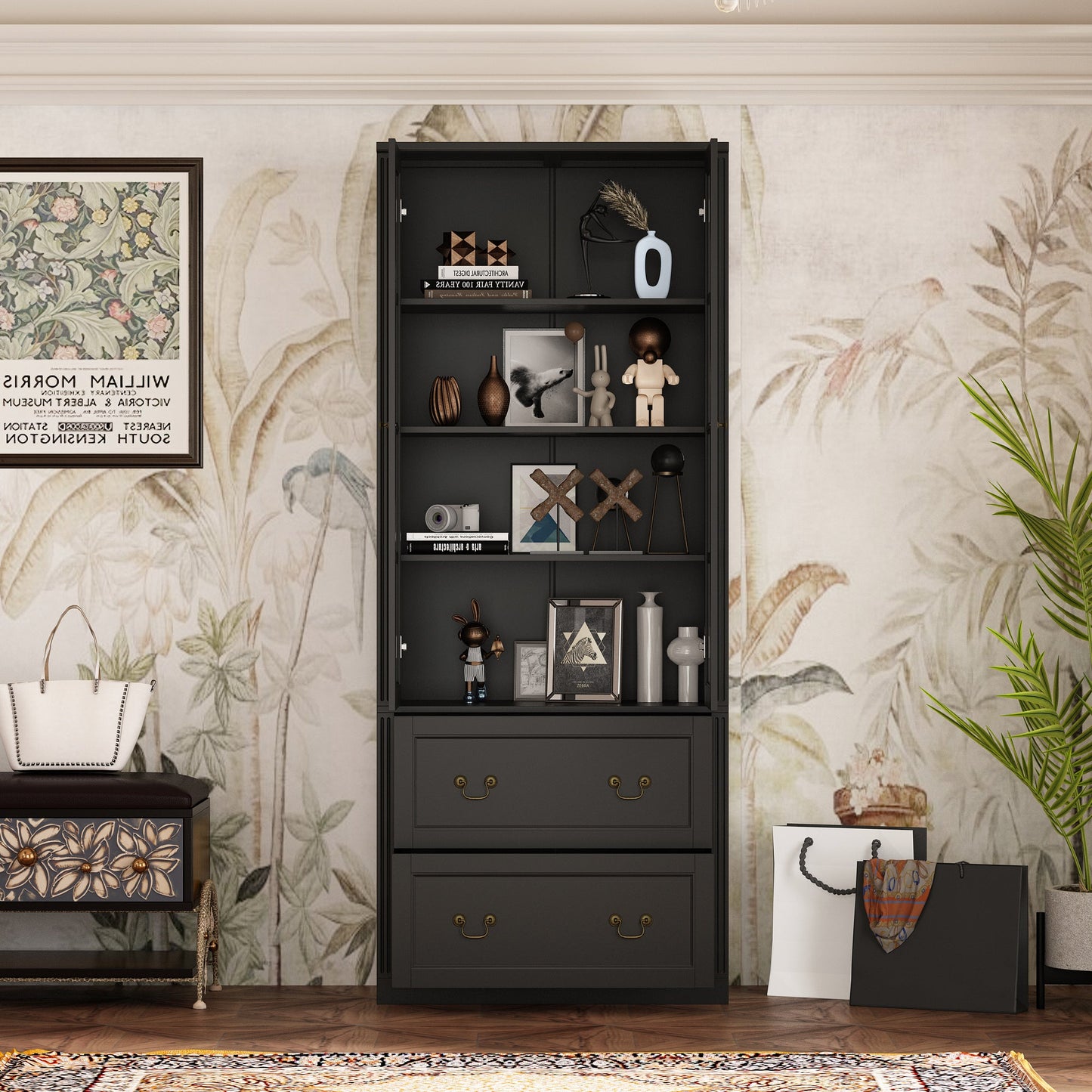 Bibliothèque vitrine avec 2 tiroirs et portes vitrées