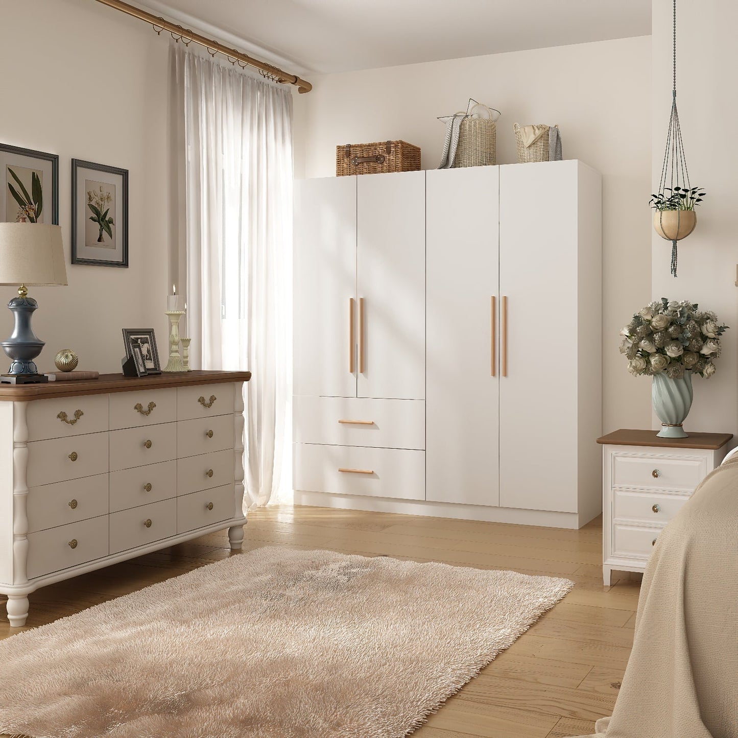 Armoire de rangement en bois manufacturé, grande penderie familiale avec barres de suspension