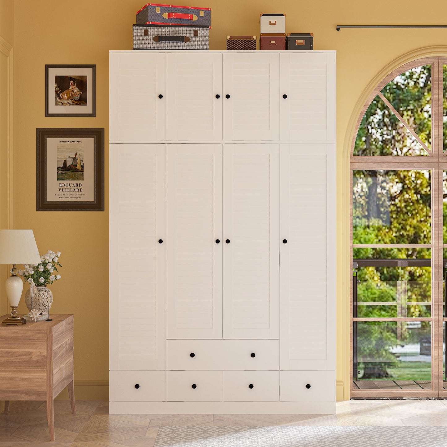 Grande armoire-penderie pour chambre à coucher, meuble de rangement à 4 portes et 5 tiroirs