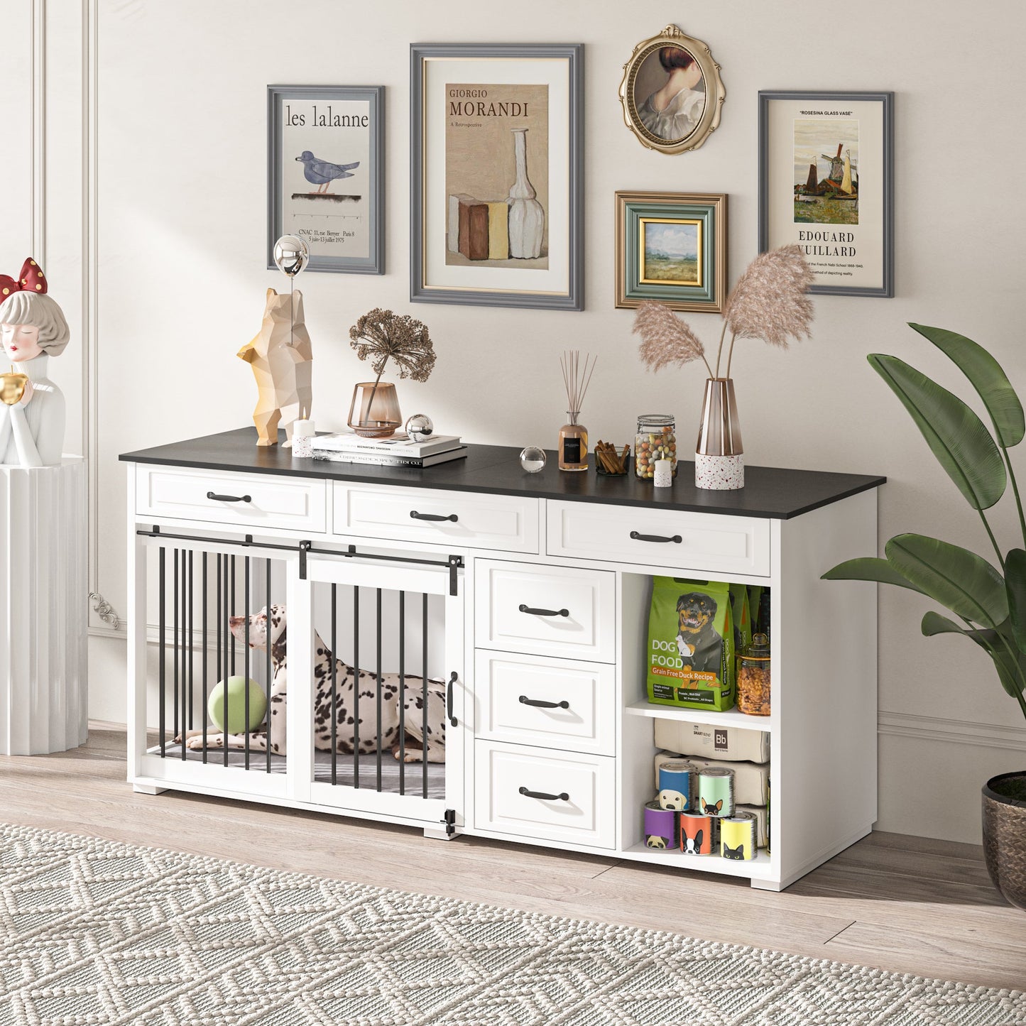 Cage pour chien à 6 tiroirs et 2 compartiments avec porte de style grange