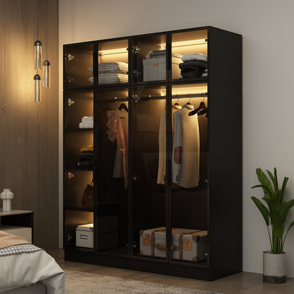 Armoire noire élégante avec éclairage LED et portes en verre trempé
