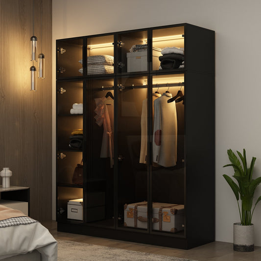 Armoire noire élégante avec éclairage LED et portes en verre trempé