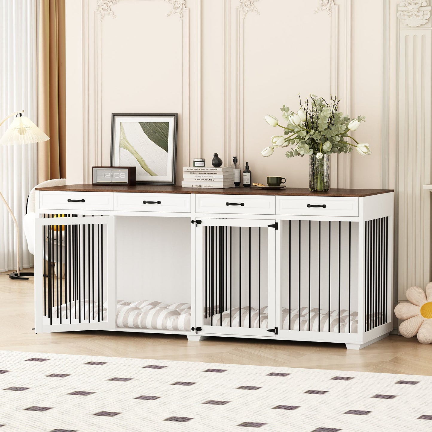 Meuble pour grande cage de chien avec séparateurs et 4 tiroirs