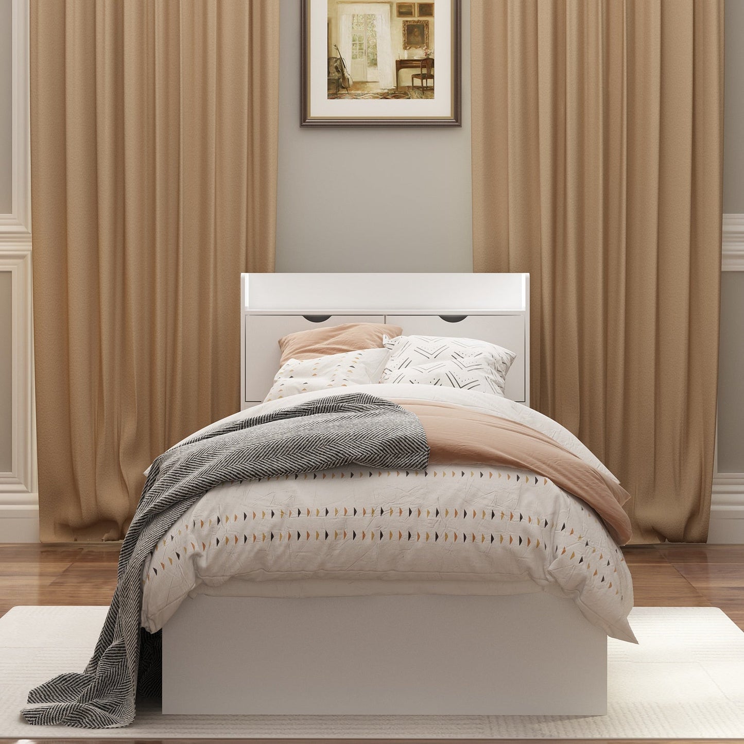 Lit plateforme Queen avec rangement, tête de lit de rangement et 2 tiroirs