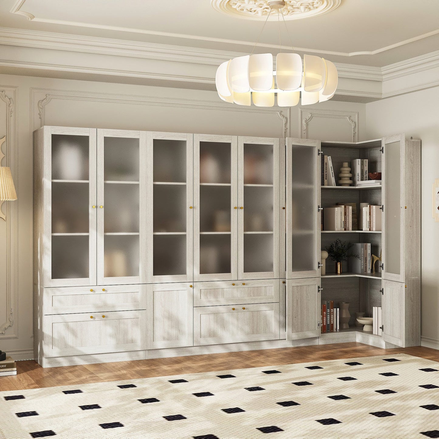 Bibliothèque modulaire à 4 tiroirs avec portes en verre dépoli, 71 po H x 126 po L