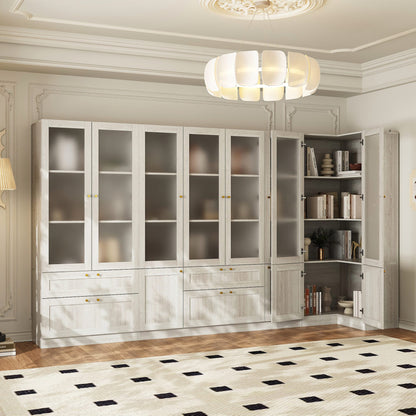 Bibliothèque modulaire à 4 tiroirs avec portes en verre dépoli, 71 po H x 126 po L