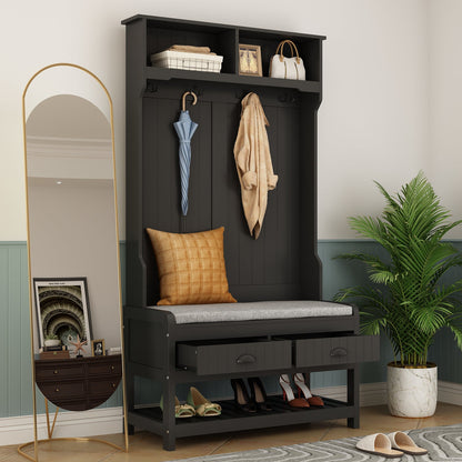 Meuble d'entrée moderne 4 en 1 avec banc de rangement, porte-manteau, étagères et tiroirs pour entrée ou salon