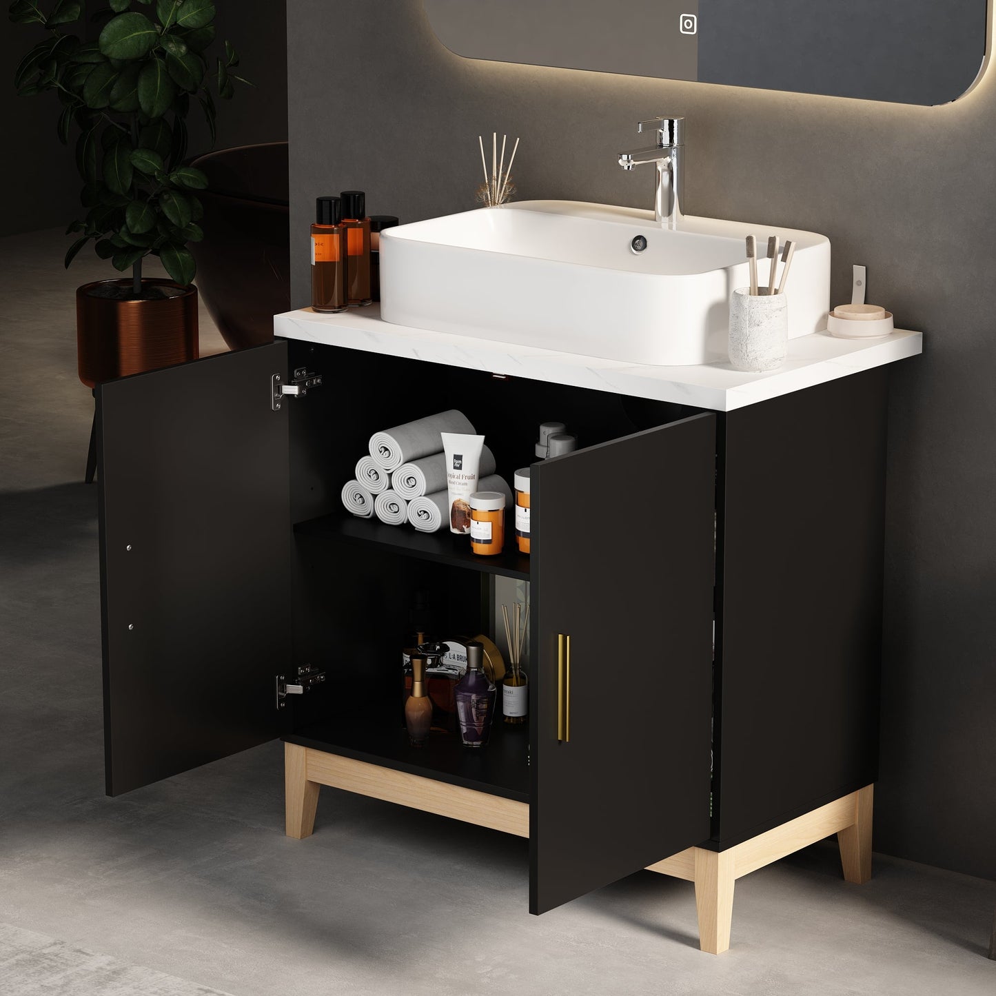 Meuble-lavabo simple sur pied avec plateau en bois composite