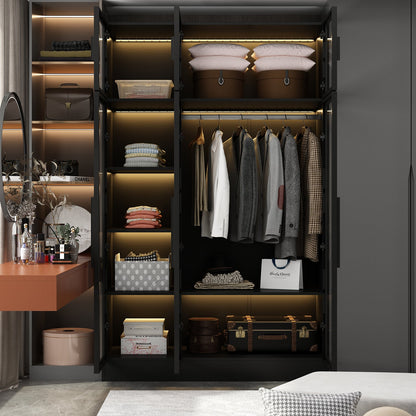 Grande armoire de chambre à coucher avec rangement pour vêtements, éclairage LED et portes vitrées