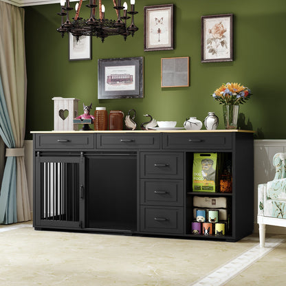 Cage pour chien à 6 tiroirs et 2 compartiments avec porte de style grange