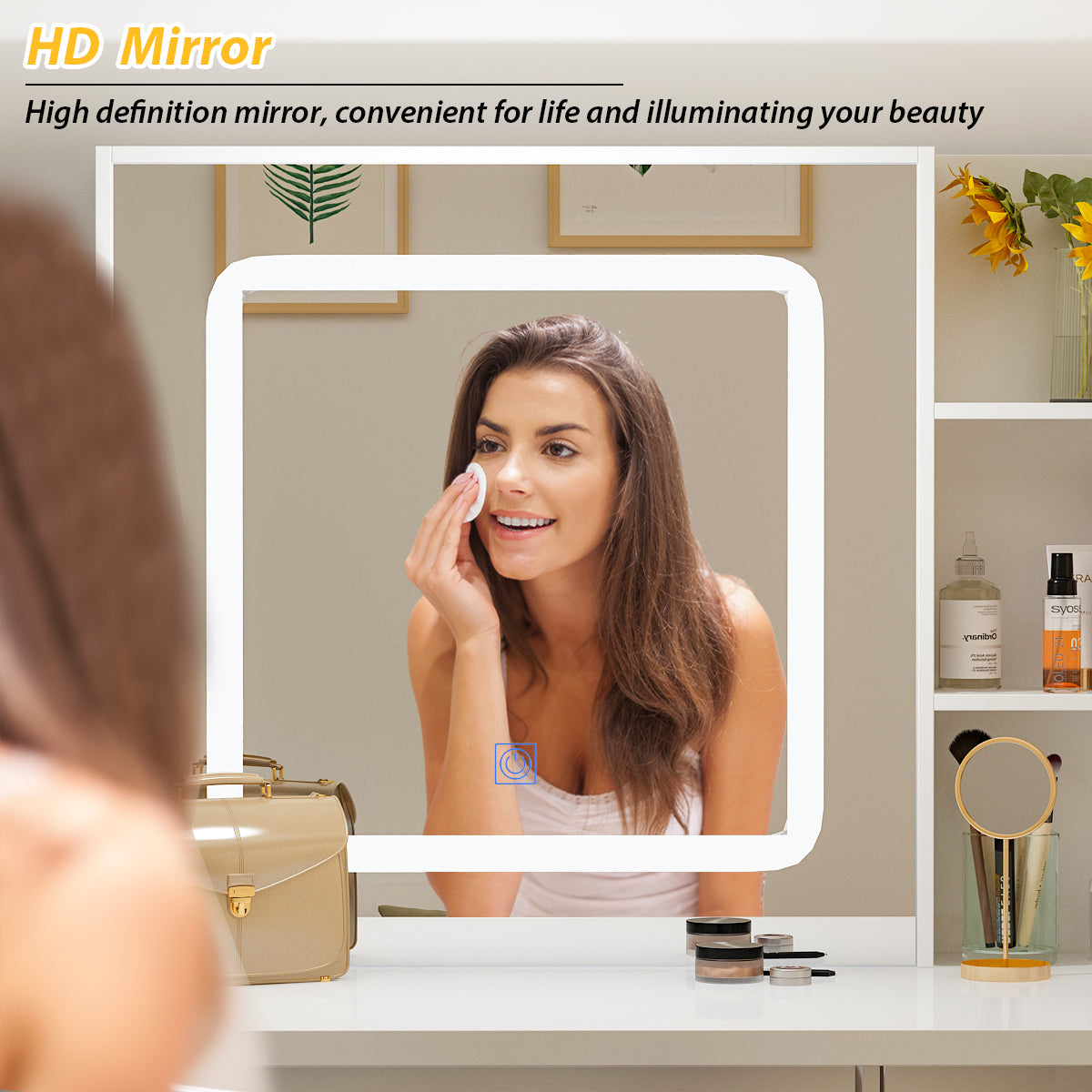 Ensemble coiffeuse avec miroir coulissant éclairé, tabouret rembourré, 5 tiroirs et étagères