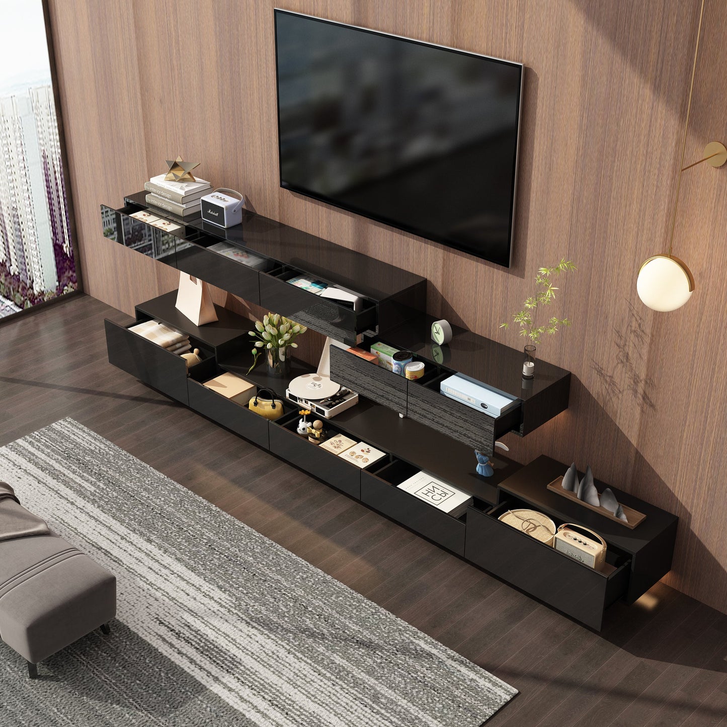 Meuble TV 2 pièces laqué brillant avec éclairage