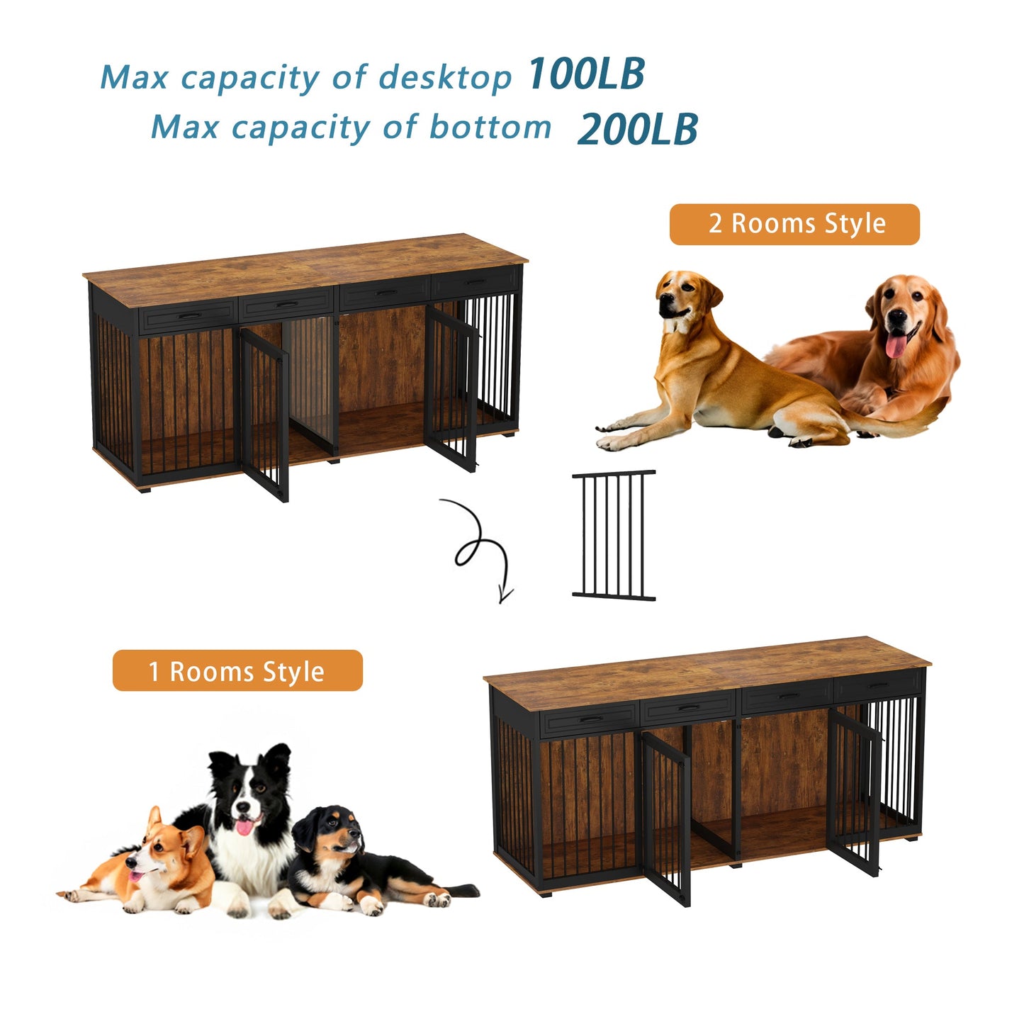 Grand meuble pour cage de chien avec 4 tiroirs et séparateurs