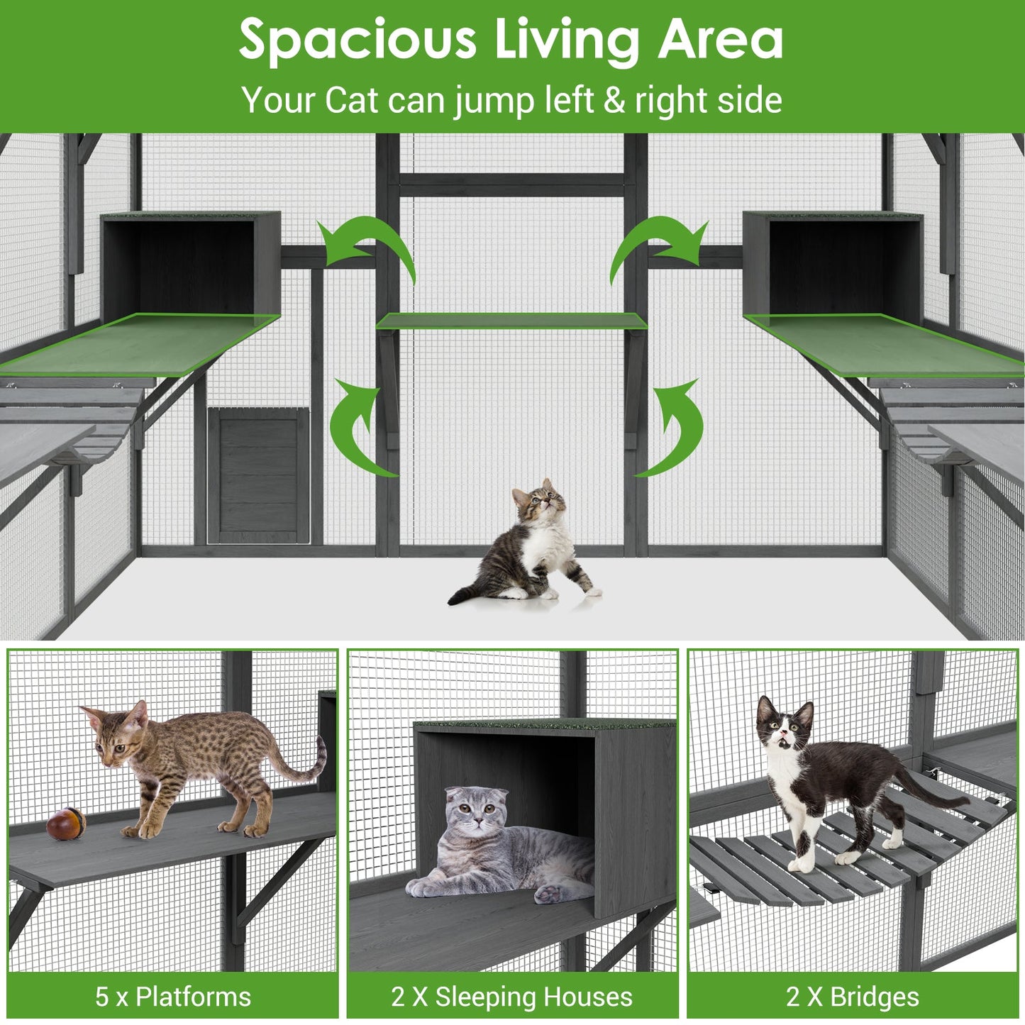 Grand enclos extérieur en bois pour chats, comprenant des niches, des ponts et des allées.