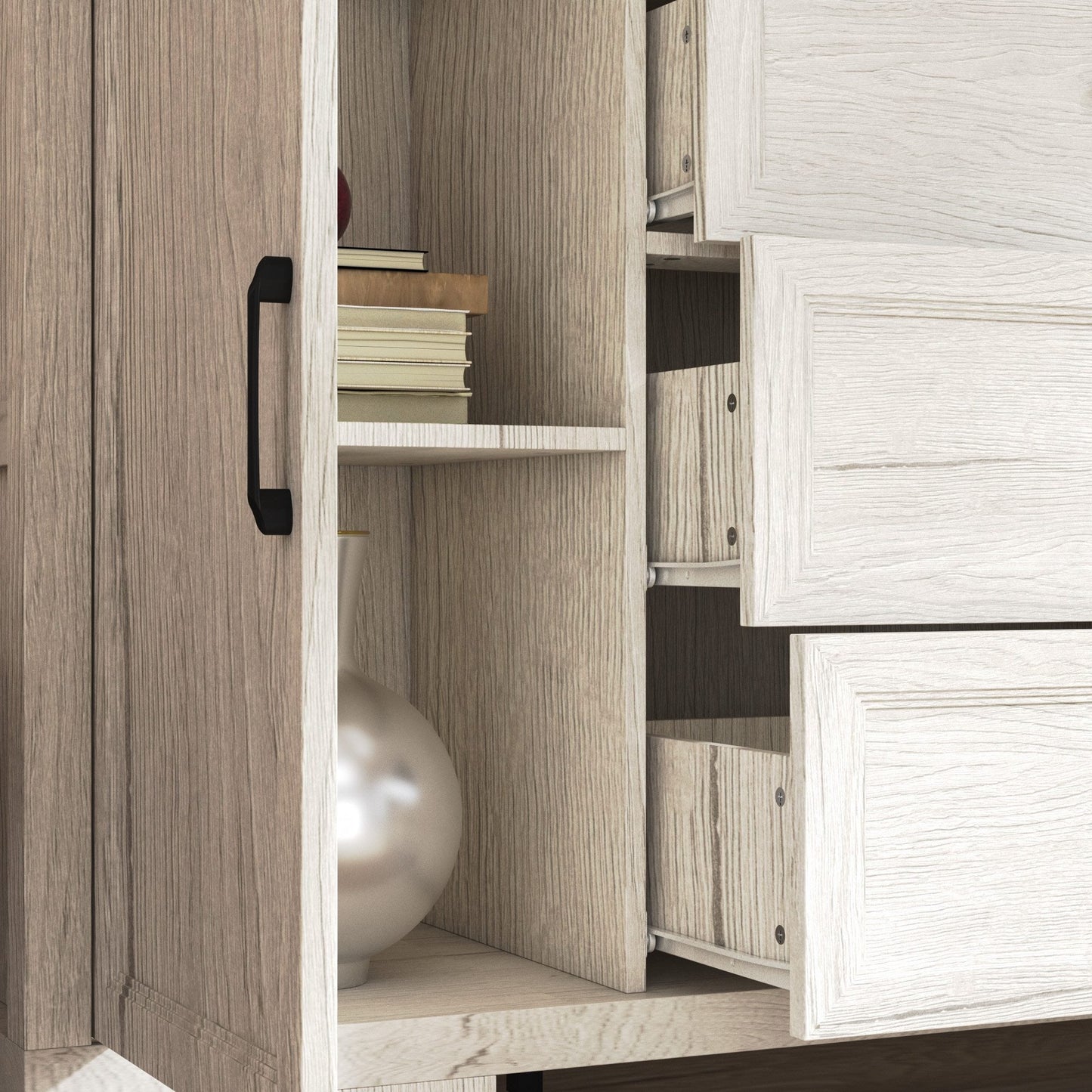 Meuble de rangement modulaire élégant : design épuré et combinaison de compartiments ouverts et fermés.