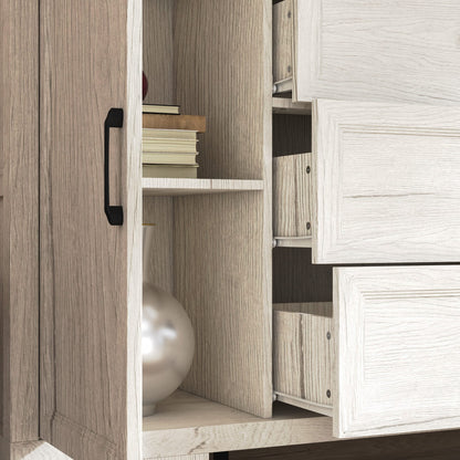 Meuble de rangement modulaire élégant : design épuré et combinaison de compartiments ouverts et fermés.