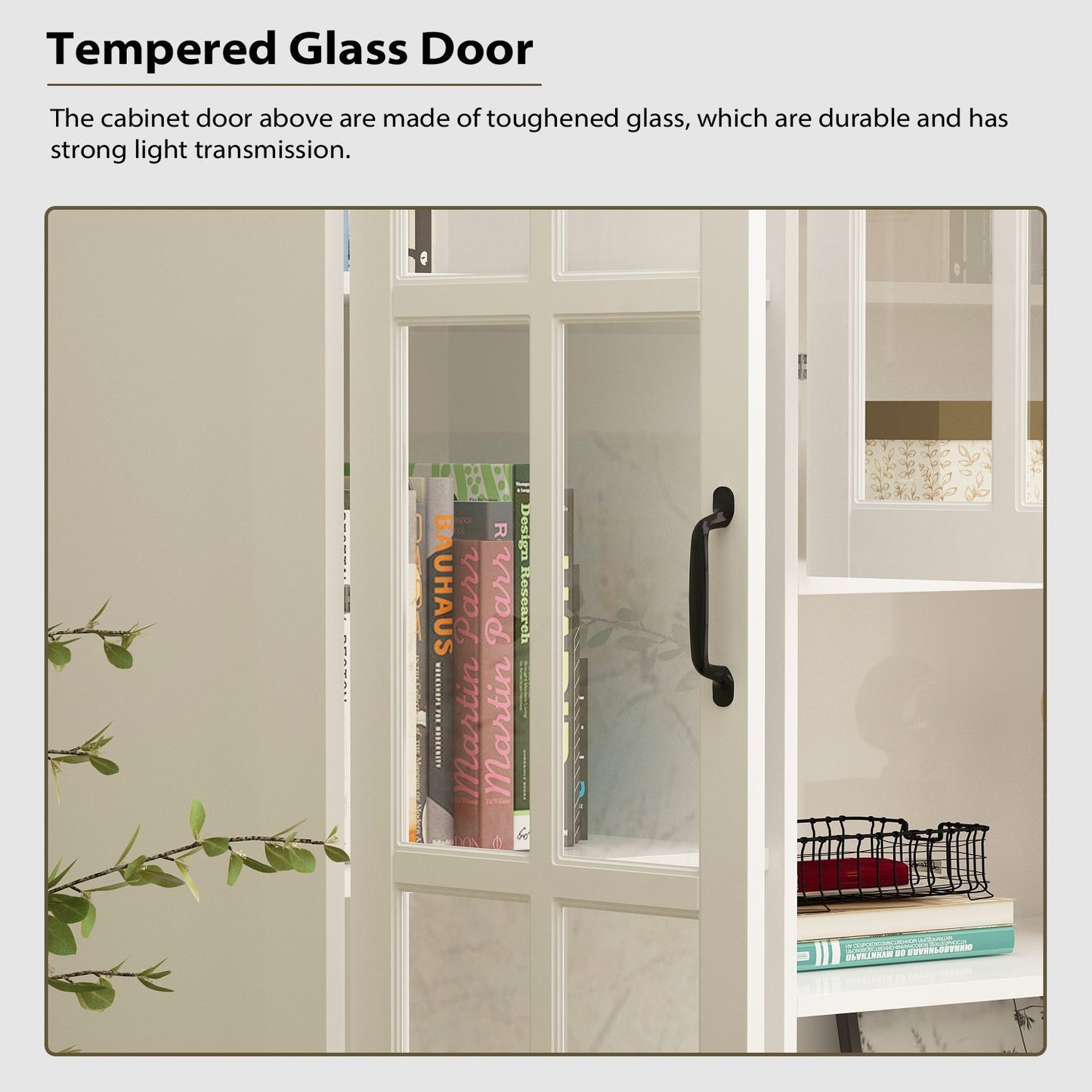 Vitrine d'angle avec étagère de rangement et bibliothèque, combinant 4 portes vitrées et 2 tiroirs