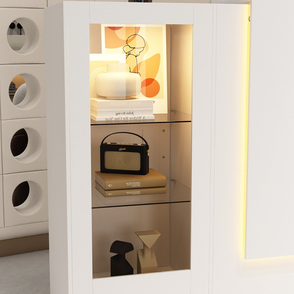 Comptoir d'accueil de 150 cm de large avec vitrines, éclairage LED et verre transparent