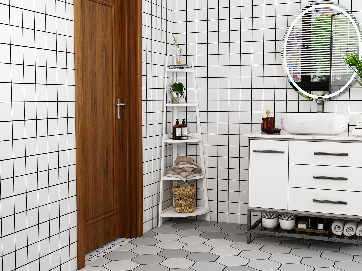 Étagère d'angle rustique à 5 niveaux, bibliothèque d'angle industrielle, étagère échelle, support pour plantes pour salon 