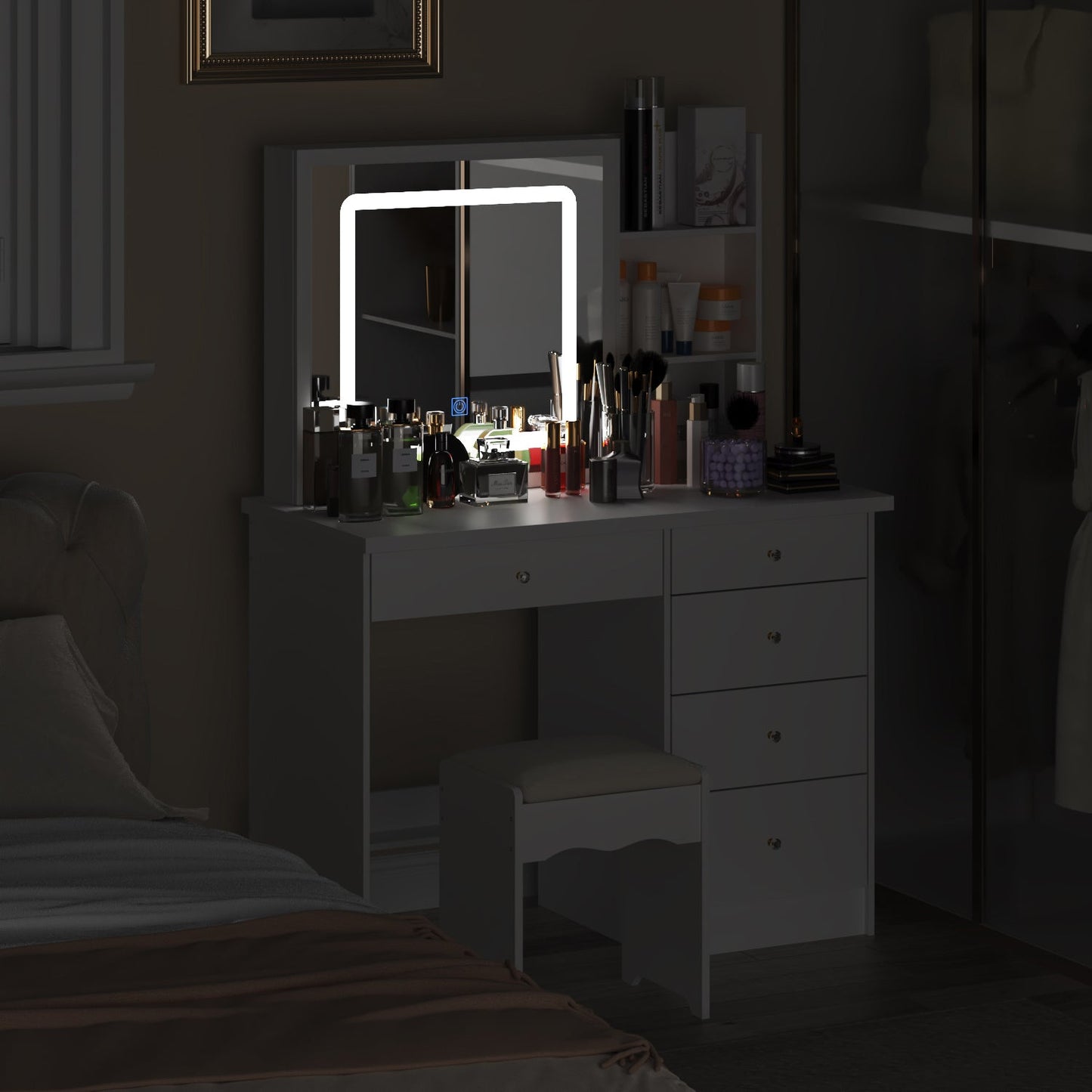 Ensemble coiffeuse avec miroir coulissant éclairé, tabouret rembourré, 5 tiroirs et étagères