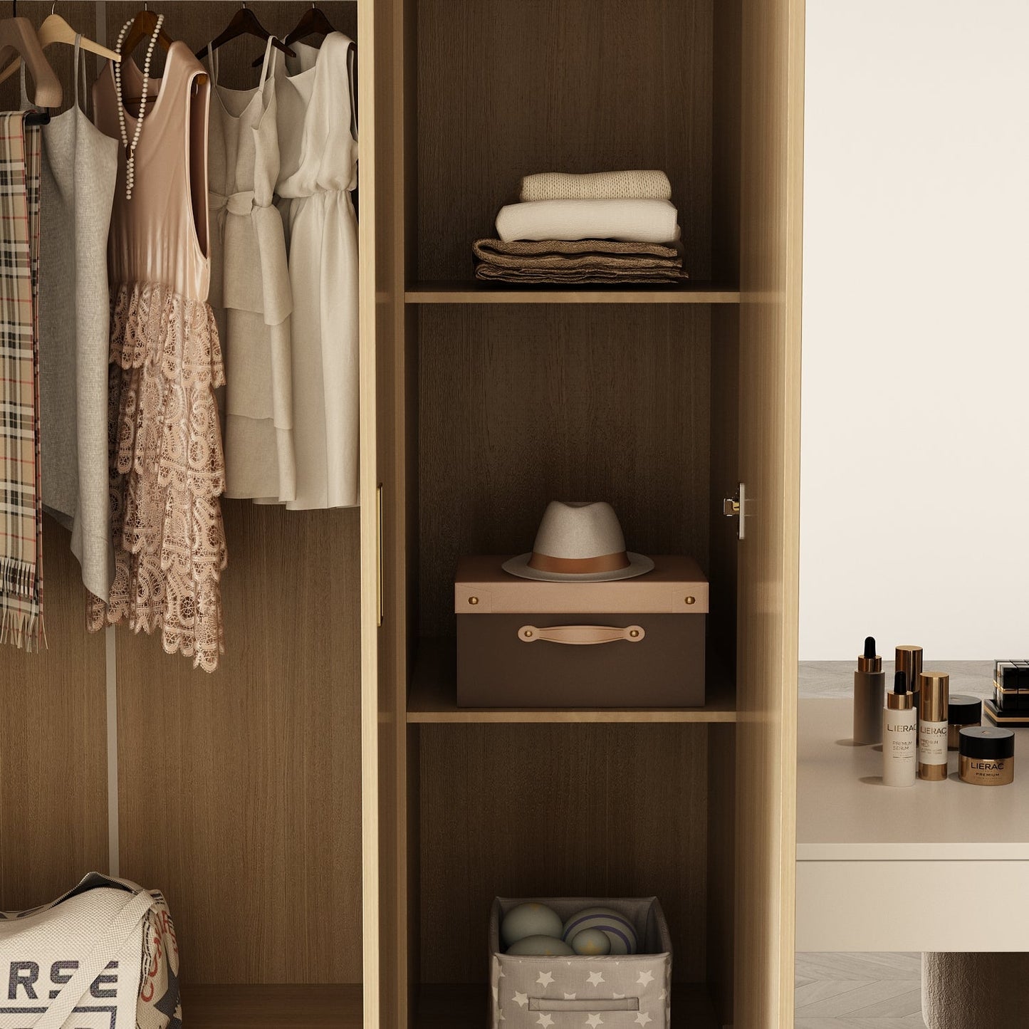 Armoire-penderie avec tringle, 2 tiroirs et étagères