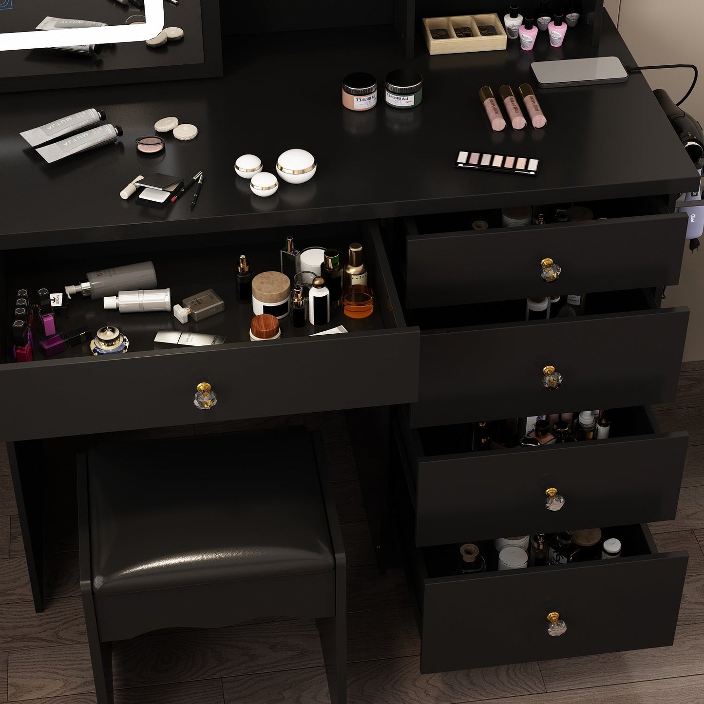 Coiffeuse avec miroir lumineux et prise électrique 