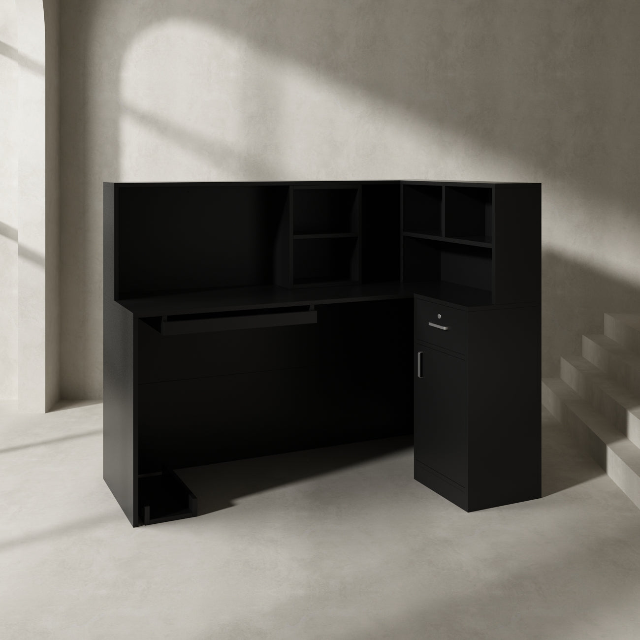 Bureau d'accueil en forme de L avec grands classeurs de rangement 