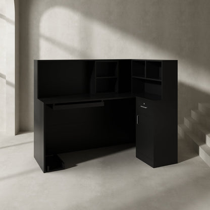 Bureau d'accueil en forme de L avec grands classeurs de rangement 