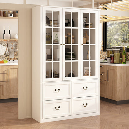 Grande bibliothèque vitrine avec étagères de rangement, 3 portes vitrées et 4 tiroirs avec poignées en métal