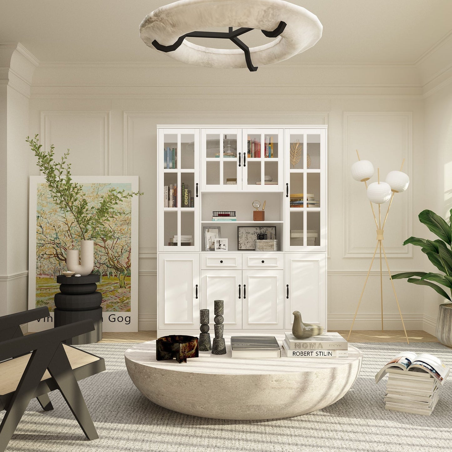 Vitrine d'angle avec étagère de rangement et bibliothèque, combinant 4 portes vitrées et 2 tiroirs