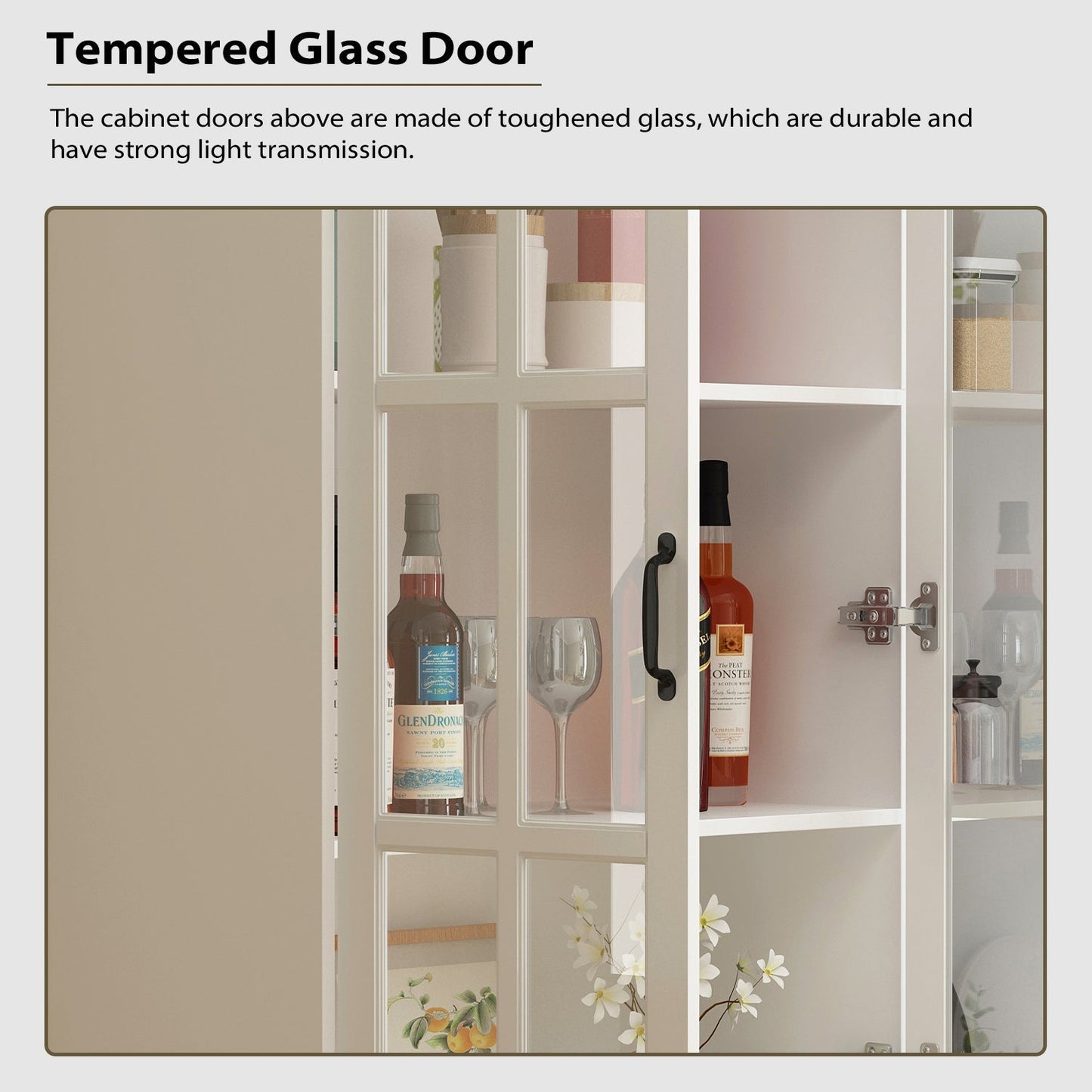 Vitrine d'angle avec étagère de rangement et bibliothèque, combinant 4 portes vitrées et 2 tiroirs