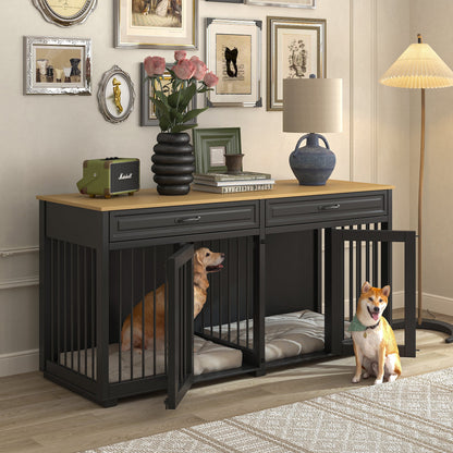 Grande cage en bois pour chien avec séparateur et table d'appoint