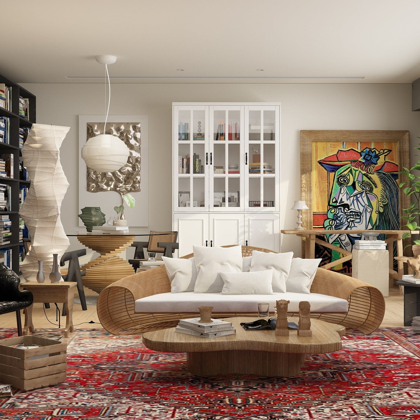 Vitrine d'angle avec étagère de rangement et bibliothèque, combinant 4 portes vitrées et 2 tiroirs